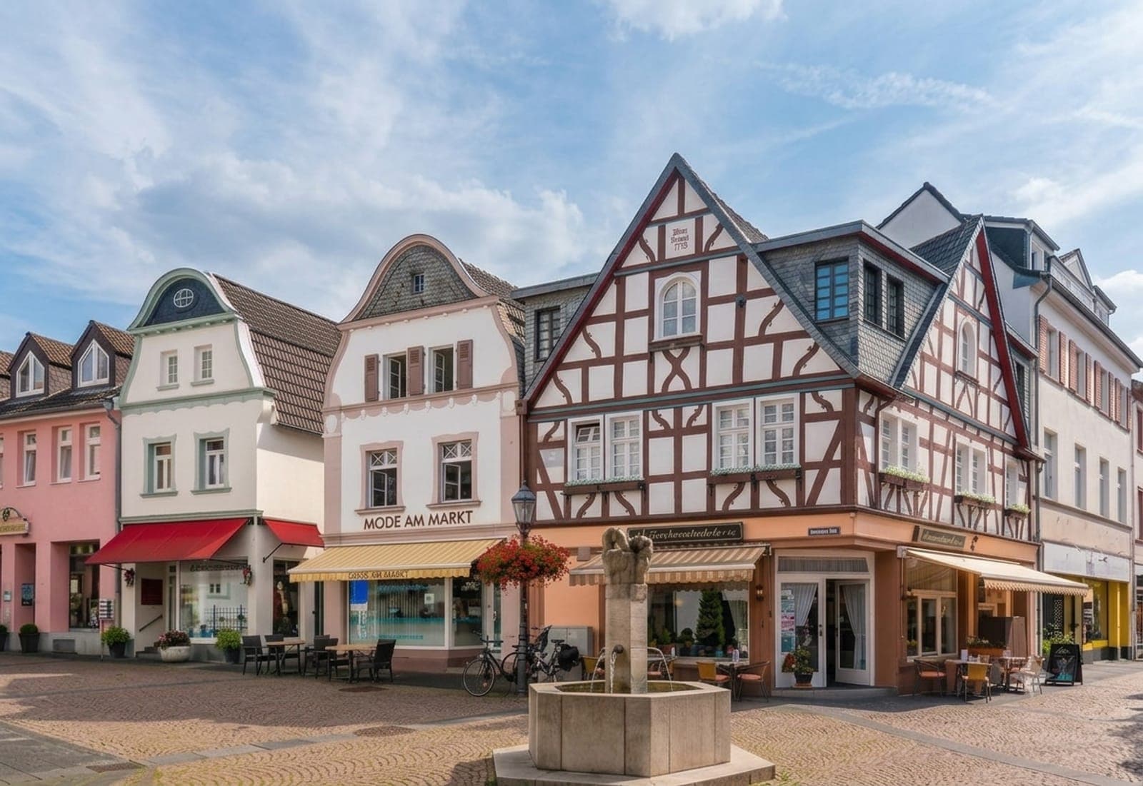 Innenstadt von Bad Honnef mit Fachwerkhäusern und Marktbrunnen